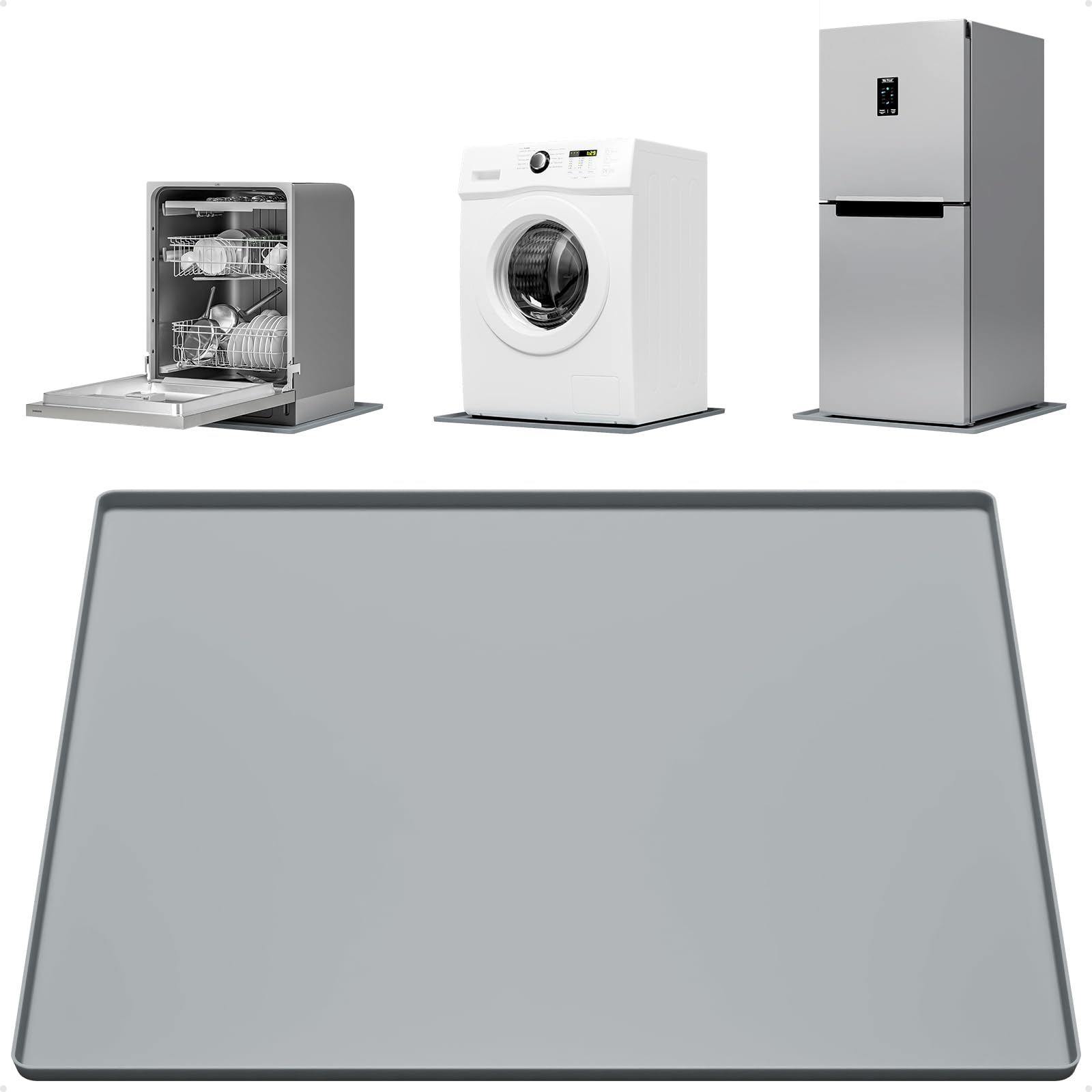 27''x27'' Washing Machine Drain Pan Silicone Mat with 0.78'' Raised Edges(Leak Protection),Non-Slip & Anti-Vibration Washer Drip Tray for Floor Protection,Washer/Dryer,Refrigerator,Rubber Pad,Gray