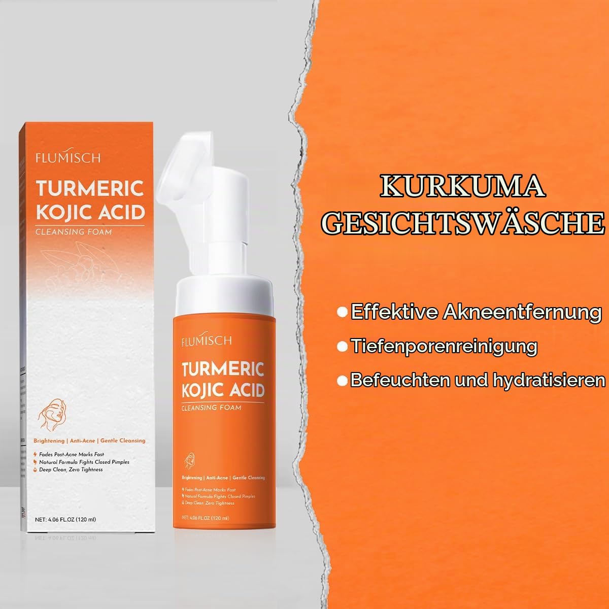 FluMisch Kurkuma- und Kojisäure-Gesichtsreiniger, aufhellendes Kurkuma-Gesichtswasser mit weichen Massageköpfen, ultrasanftes, schäumendes Gesichtswasser für Tiefenreinigung & Feuchtigkeitspflege