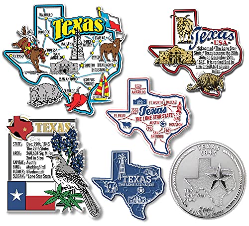 Image of Texas Six-Piece State Magnet Set by Classic Magnets, Includes 6 Unique Designs, Collectible 3D Rubber Vintage-Style Souvenirs and Gifts Made in The USA