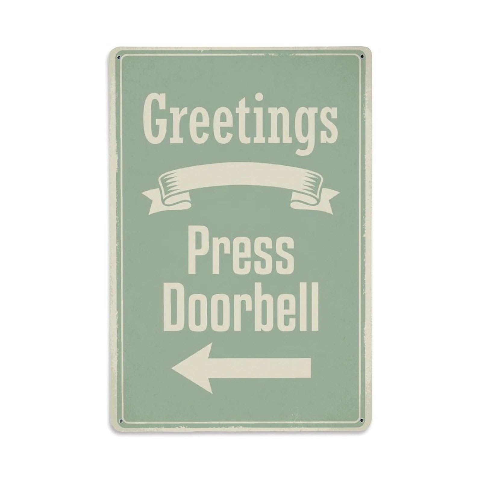 Metal Tin Sign Vintage Greetings Press Doorbell Arrow Ribbon