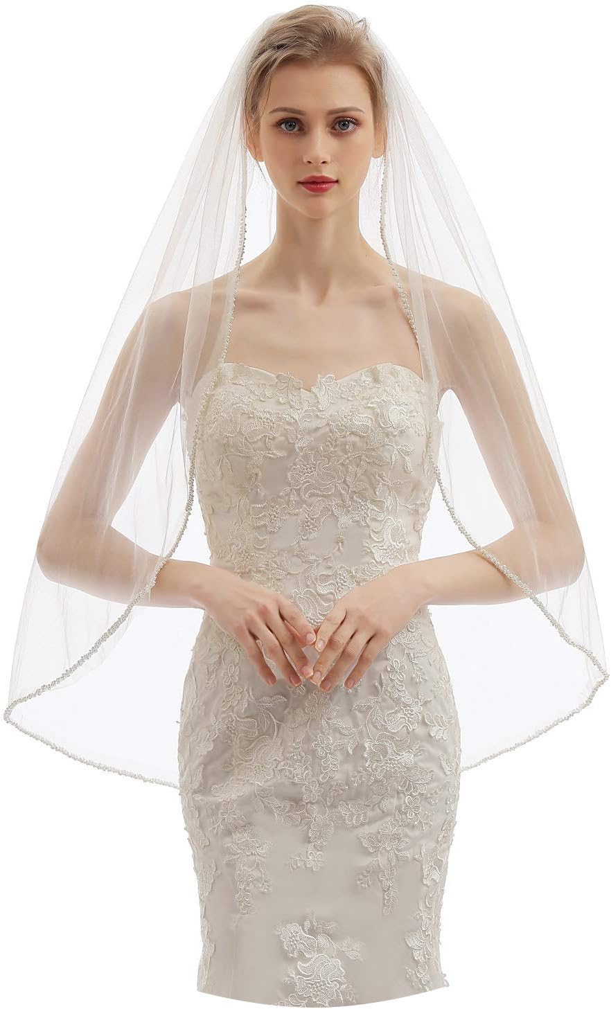 Womens 1 Tier Fingertip Length Short Crystal Beaded Wedding Bridal Veil With Comb X09