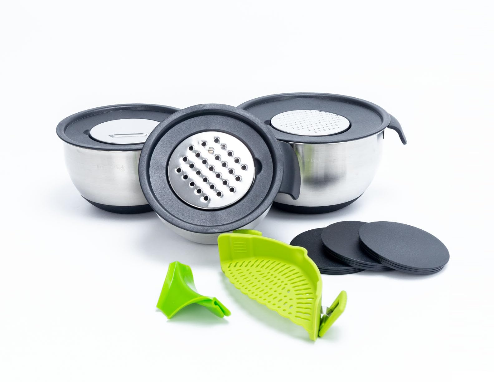 Edelstahl-Rührschüssel mit Deckeln, Griffe für Feiertage: Geschenk-Set für Küche mit Ausgießer, rutschfeste Silikonbasis auf Schüsseln, Sieb, Reiben für die Küche