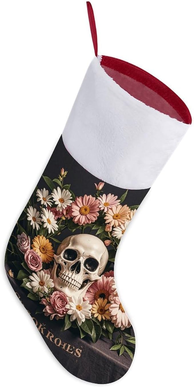 Classic Bonsai Tree Sugar Skull Christmas Stockings Plush Xmas Stockings for Holiday Party Red Xmas Decoration Stocking for Christmas Tree Fireplace Hanging Ornaments Home Decorations 16.5 Inch
