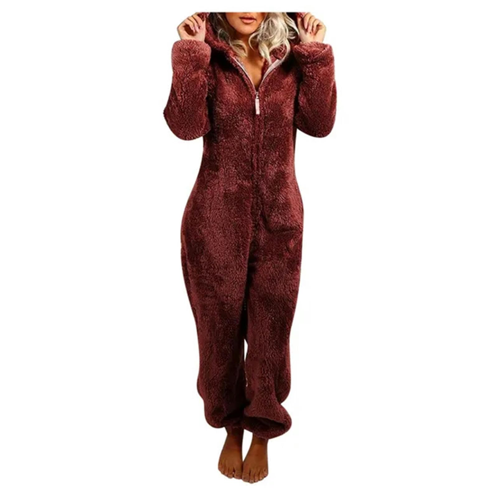 MdybF Onesies dla kobiet zimowa ciepła piżama damskie śpioszki z kapturem puszyste polarowe kombinezony bielizna nocna