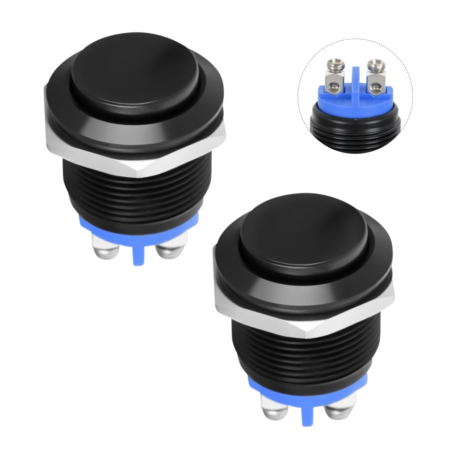 Nilight 16mm Momentary Push Button Switch 12V Waterproof Black Metal Round Starter Power Switches 2PCS 2 Pin Screw Terminal for Car Truck Horn Boat