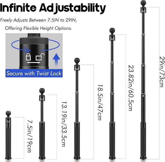 29 Adjustable Kayak Camera Mount with Infinitely Extendable Stand, Kayak Sports Camera Mounting Compatible with GoPro and 1/4 Threaded Cameras