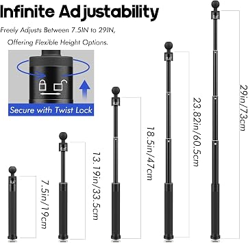 29 Adjustable Kayak Camera Mount with Infinitely Extendable Stand, Kayak Sports Camera Mounting Compatible with GoPro and 1/4 Threaded Cameras
