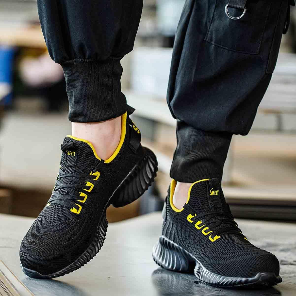 Breathable Work Safety Shoes, Anti-Smash and Anti-Puncture Labour Insurance Shoes, Anti-Slip Adventure Sneakers, Steel Toe Protection Shoes(Black-Yellow,6)