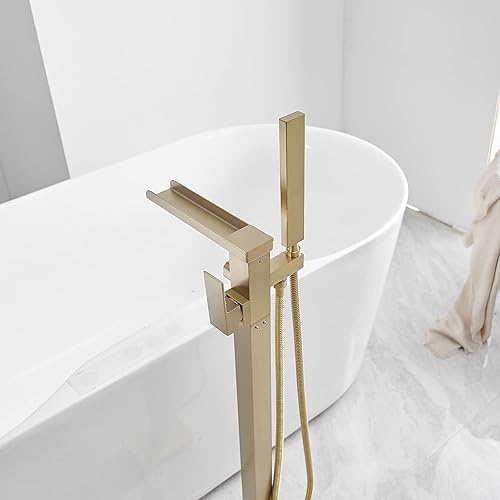Miniatura 8 de Grifo de bañera independiente con cascada de oro cepillado, grifo de bañera de montaje en piso, grifo de bañera de una sola manija, grifos de ducha