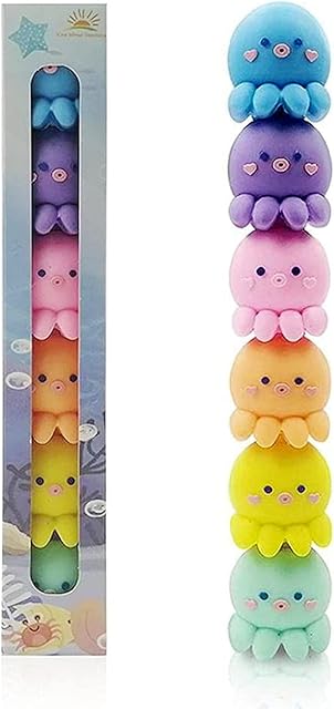 Highlighters Pastel Colours, 6 Colors Chisel Tip Marker Pen, Assorted Colors, Water Based, Quick Dry (Octopus shape)
