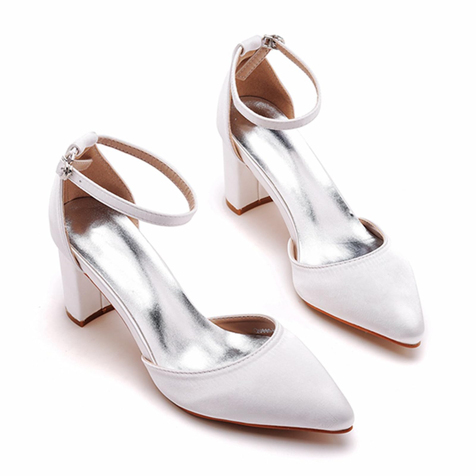 Hochzeitsschuhe Damen Spitz Spangenpumps Seidenoberfläche Braut Blockabsatz Pumps 7Cm