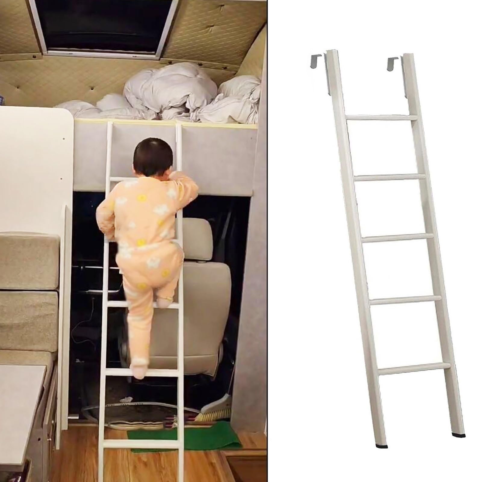 Escalera para literas de Autocaravana para niños y Adultos, Escalera Ligera para literas Dobles, Escalera Corta de Metal con 2 Ganchos, Escalera Lateral Blanca (170 cm/67").