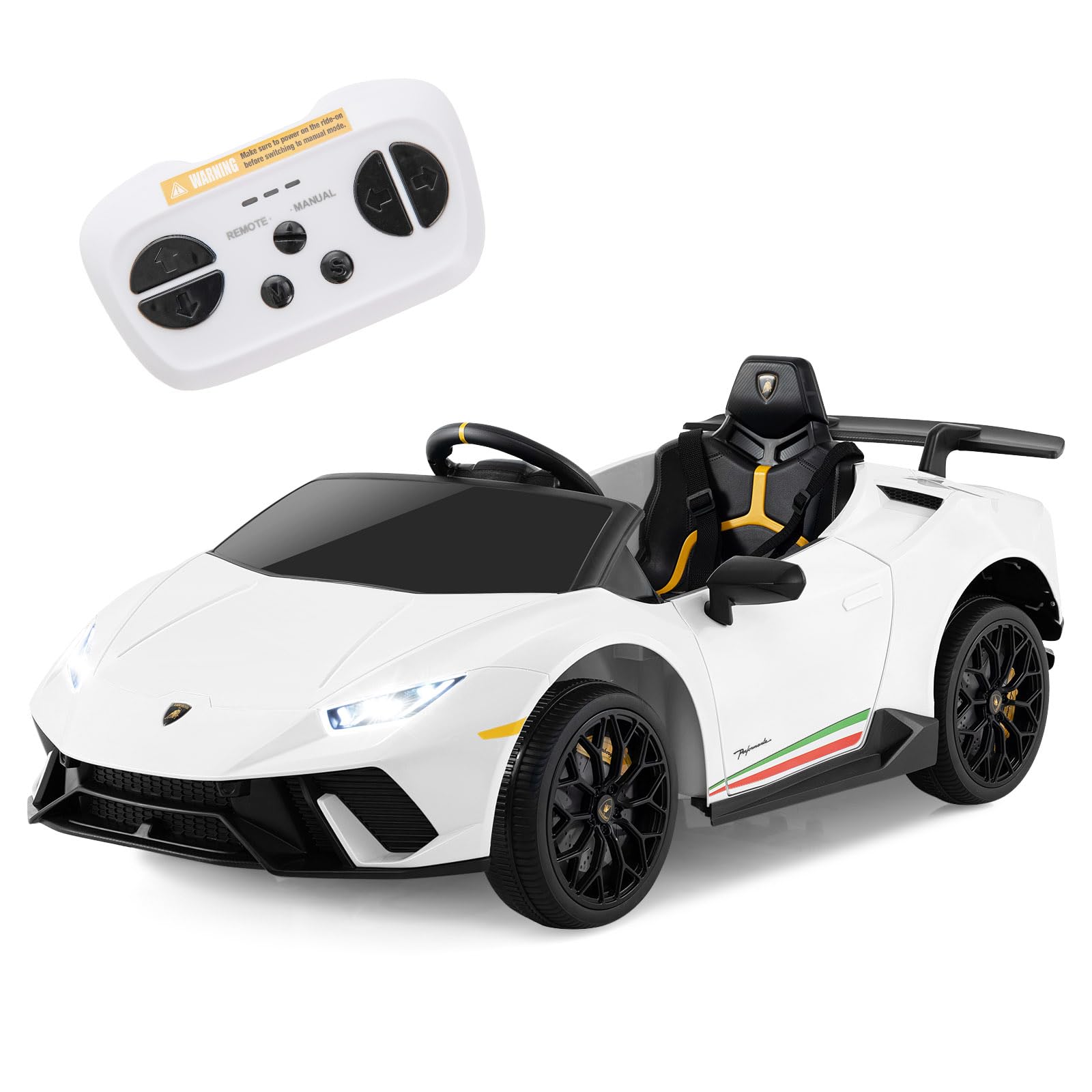 COSTWAY 12V Kids Electric Ride on Car with Remote Control, LED Lights, MP3, Music, Horn, Soft Start & Spring Shock Absorbers, Licensed Lamborghini Battery Powered Toy Vehicle for Boys Girls (White)