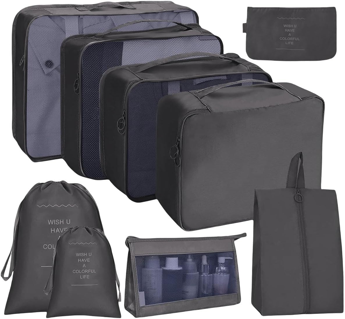 FAVORTALK Luggage Organiser Bags 9 Pcs Packing Cubes for Suitcase Waterproof Travel Clothing Bags Portable Travel Bags Organizer Multifunction Packing Organisers, Black B41108