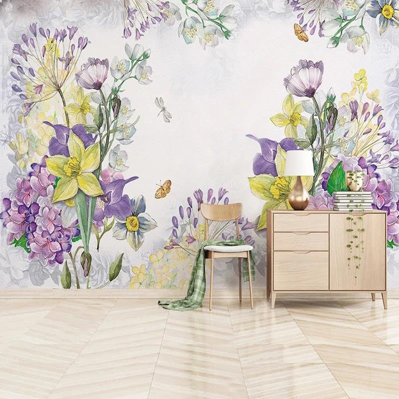 Papier peint fleurs 3D violet pour rénover un mur abîmé de salon ou chambre