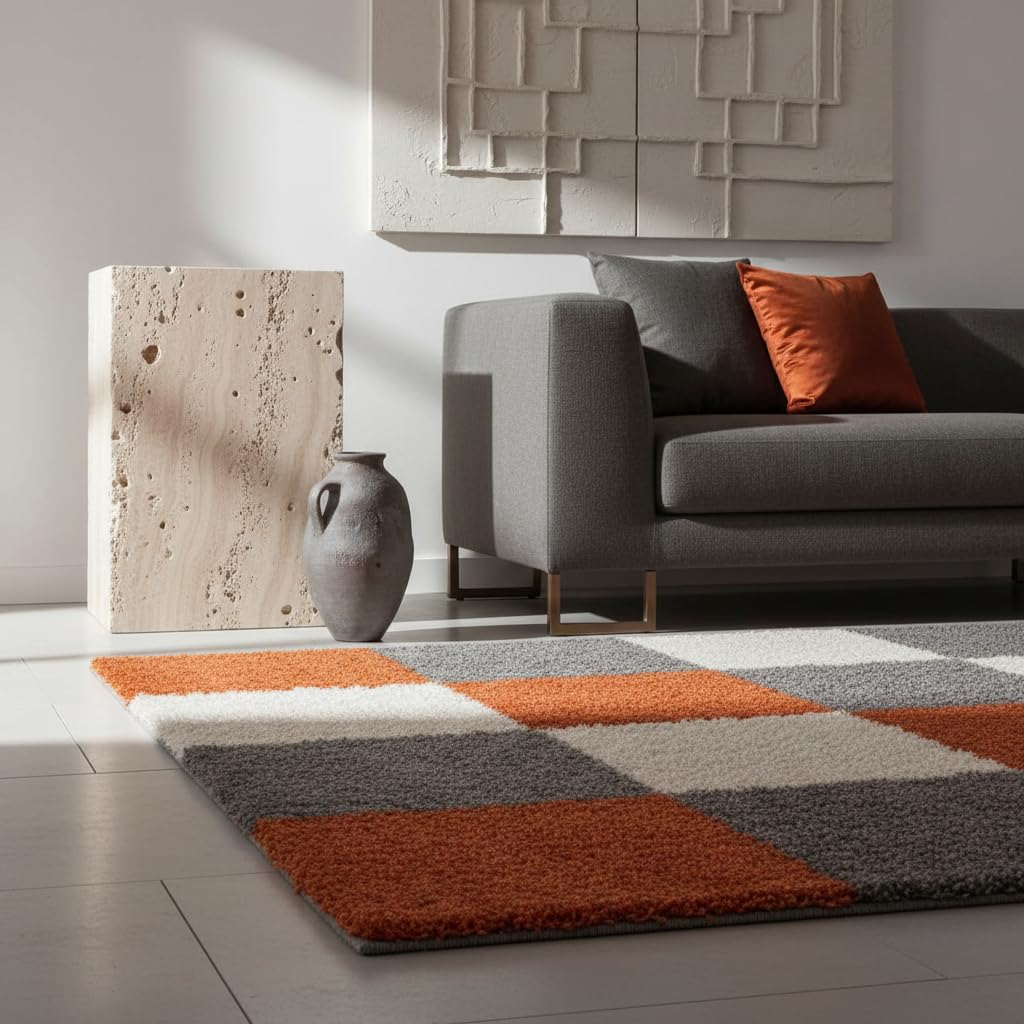 Hochflor-Teppich Wohnzimmer kariert Terrakotta 160x230 cm | Oberseite 100 % Polypropylen, 30 mm Florhöhe, ca. 2.000 g/m², 48.500 Punkte/m², gekettelte Kanten, OEKO-TEX Standard 100