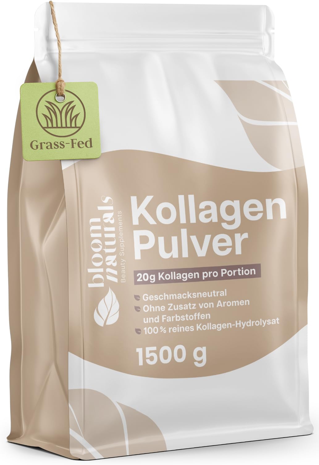 Grassgefüttertes Collagen Pulver 1500g (1,5 KG) - Hochdosiert & Geschmacksneutral Kollagen Hydrolysat Pulver, Peptid Typ 1 & 3 - Kollagen Peptide - Abgefüllt und getestet in Deutschland