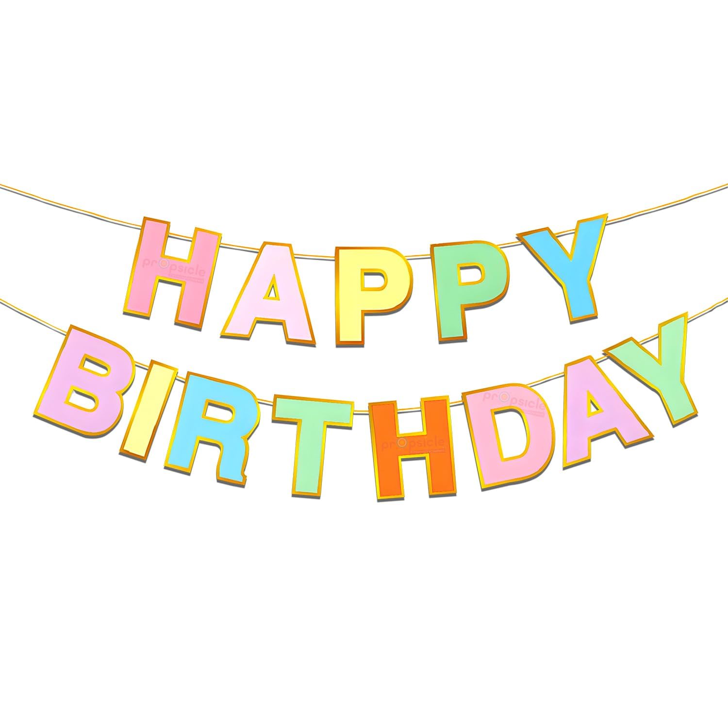 Propsicle Happy Birthday Banner - Bold Rainbow Letters, Hanging Party Sign for Kids & Adults, Wall Door Backdrop for Birthday Decoration, Multicolour Paper Letters with Ribbon