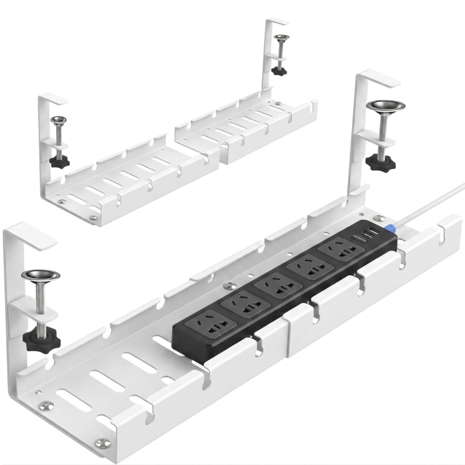 Dyazo Adjustable Under Desk Cable Management Tray | No Drill Clamp-On Rack | Expandable 28.5–55cm Holder for Extension Board, Power Strip & Charging Cable | Heavy-Duty Metal Wire Organizer Shelf-White-image-2