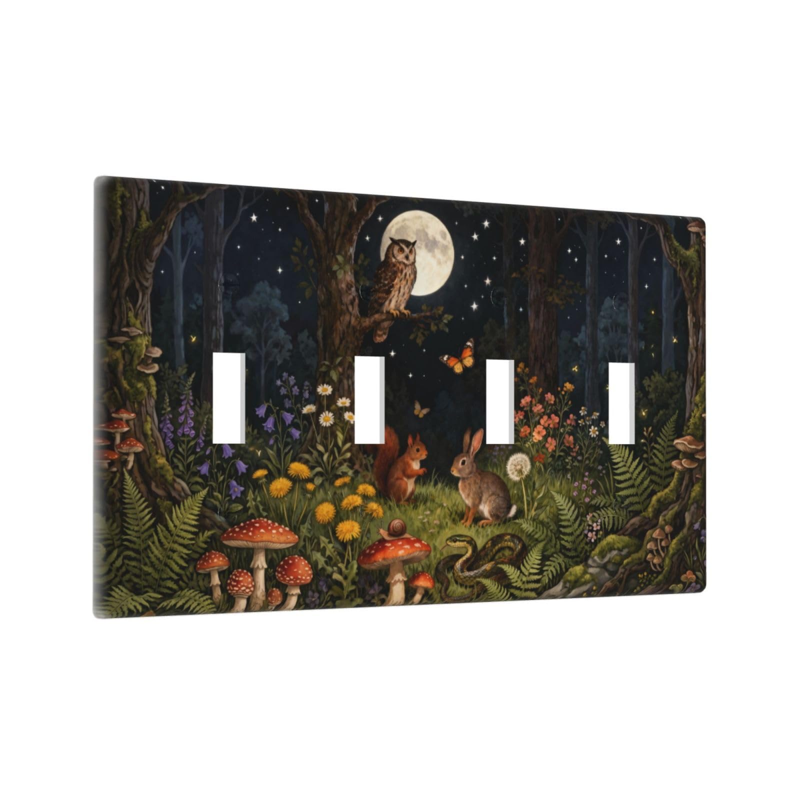 Sghxwp Watercolor Night Forest Animals Quad Light Switch Covers Decorative Moon Owl Squirrel Rabbit 4-Gang Wall Plate Electrical Switchplate Faceplate for Whimsical Cottagecore Nursery Decor