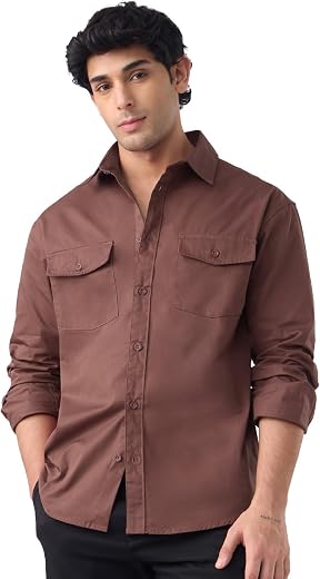 The Souled Store Utility Shirt: Merlot Men and Boys Long Sleeve Spread Collar Button Front Brown Solid Cotton Regular Util...