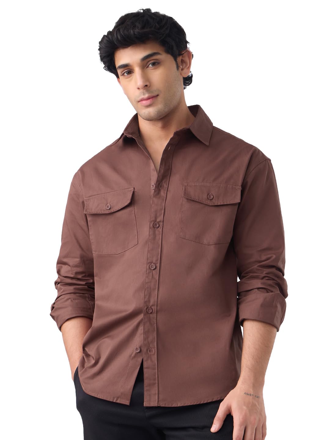 the souled store Utility Shirt: Merlot Men and Boys Long Sleeve Spread Collar Button Front Brown Solid Cotton Regular Utility Shirt-picture-16