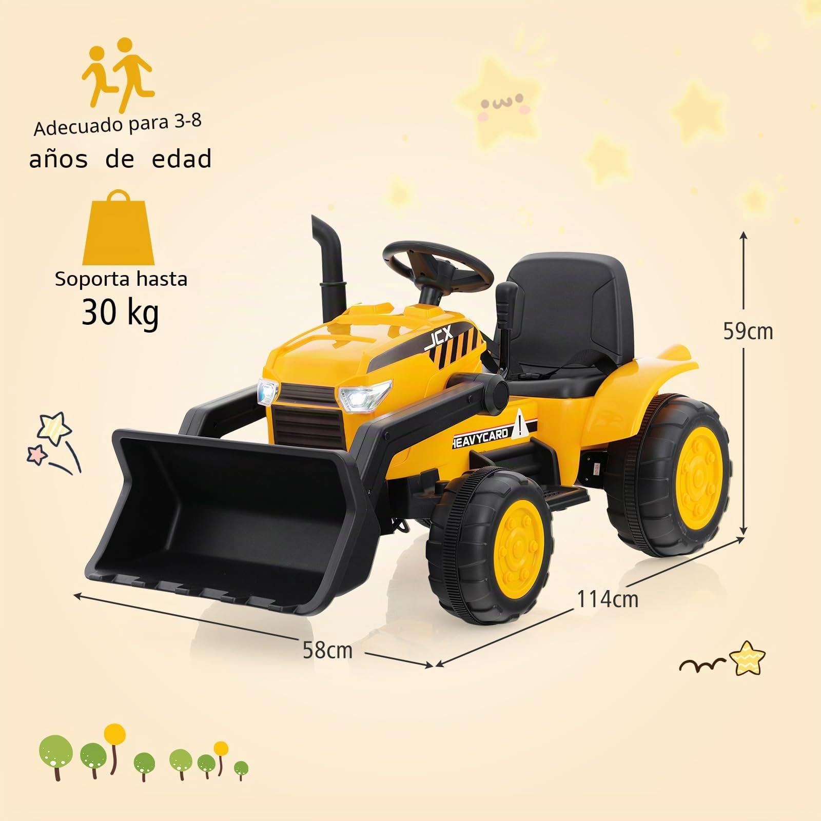 GOPLUS Cargador eléctrico de 12 V con pala, vehículo infantil con mando a distancia, faros, música y claxon, vehículo de construcción con función de arranque lento y ruedas antideslizantes para niños