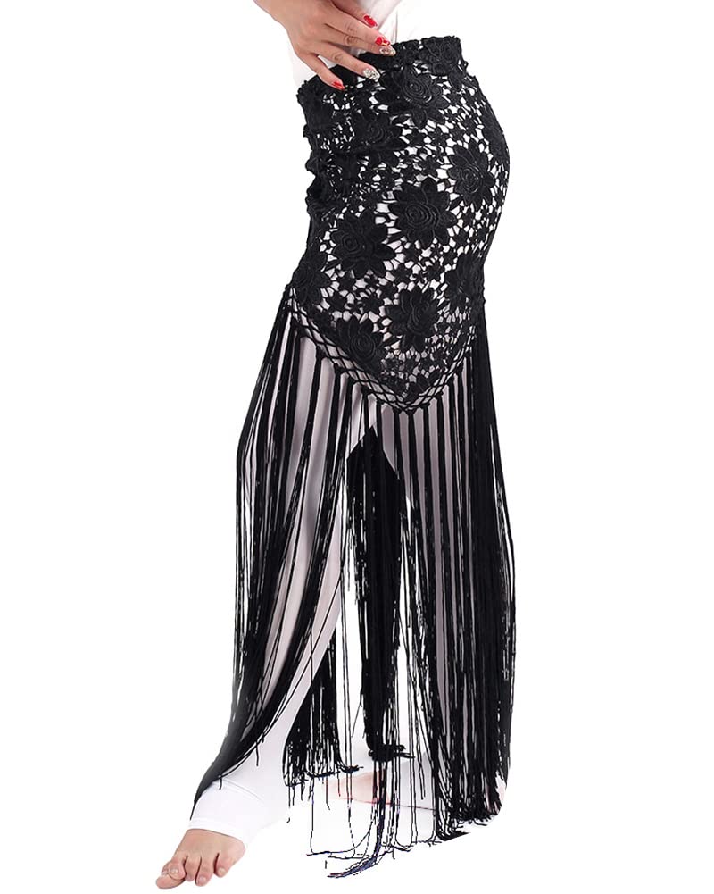 Traje de Danza del Vientre con Flecos Largos y Borlas, Falda Flamenca Bufanda de Cadera Bordada