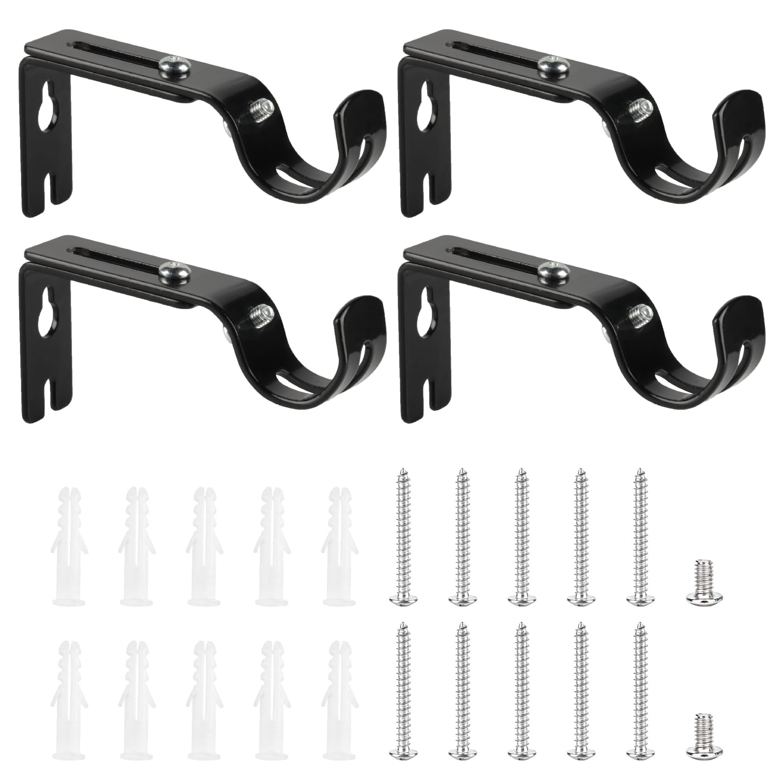 4 Heavy Duty Curtain Pole Holders, Adjustable for 25mm Poles, Black Metal Wall Rod Brackets, 4pcs Black, less than or equal to 25 mm