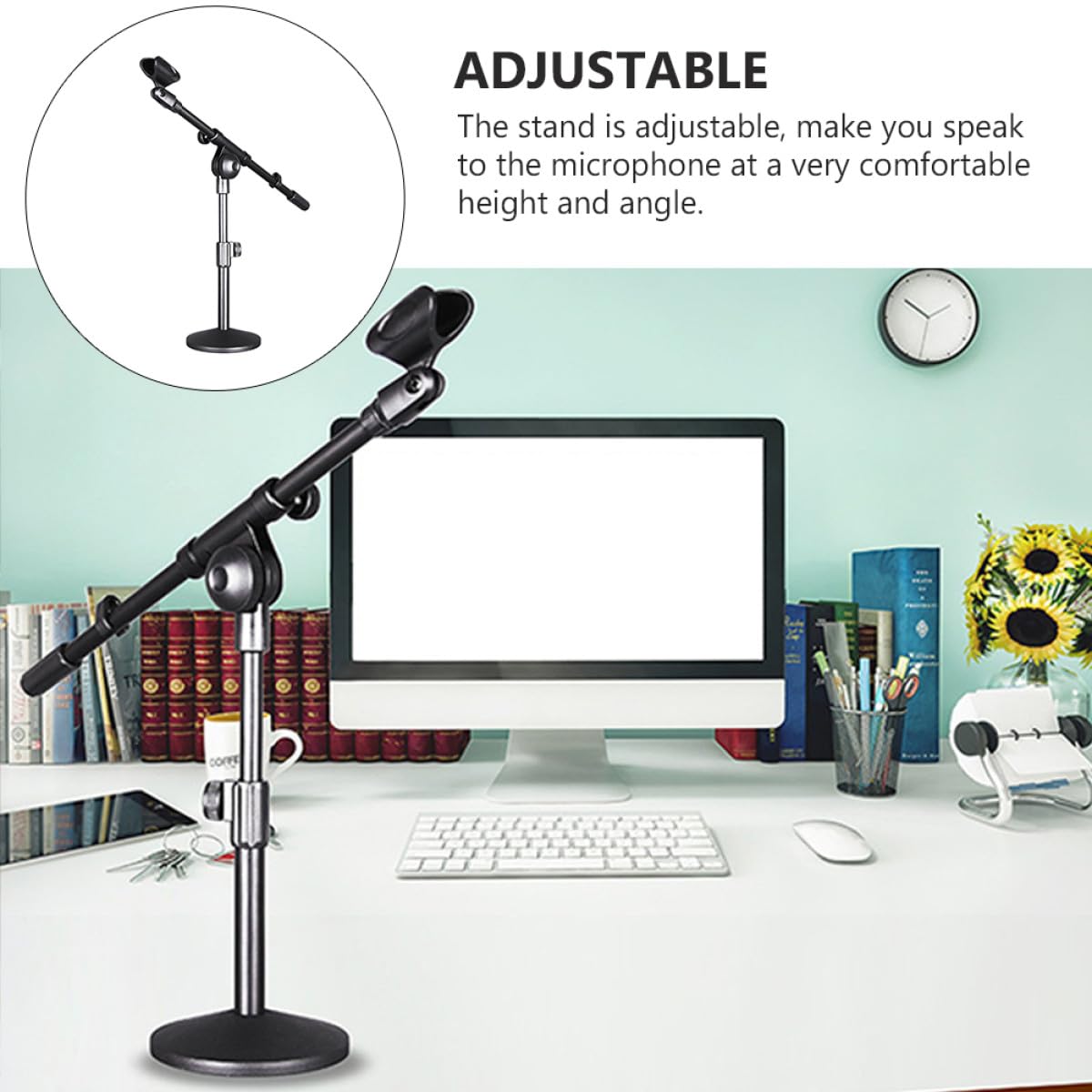 Supporto Base Rotonda Regolabile in Altezza, Compatto e Leggero Nero in Ferro per Microfono da Conferenza per Performance Sul Palco in Casa