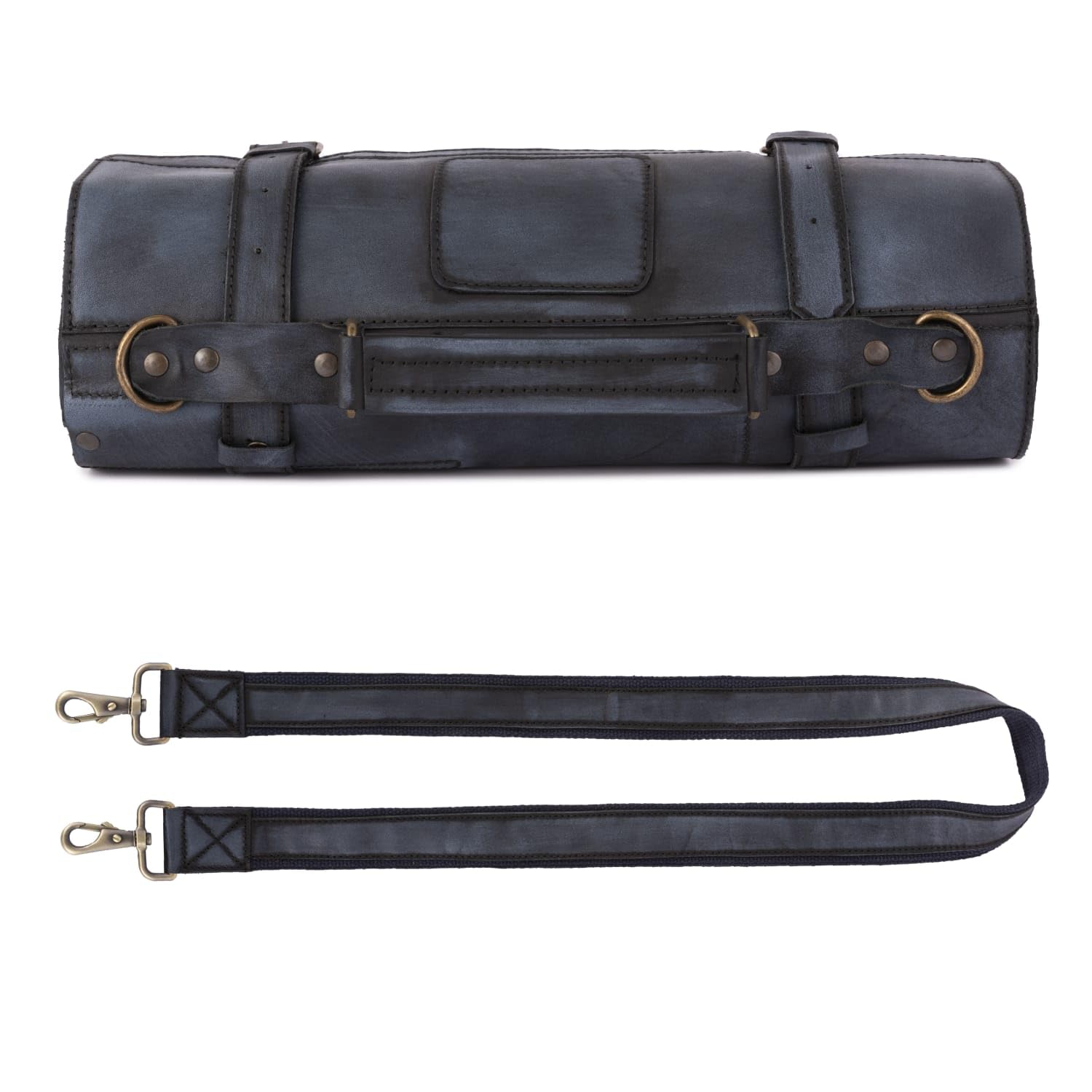 Black Wax Full Grain 10 Pocket Handmade Leather Chef Roll, Tool Holder, Leather Roll Bag, Chef Case (Waxed Black)