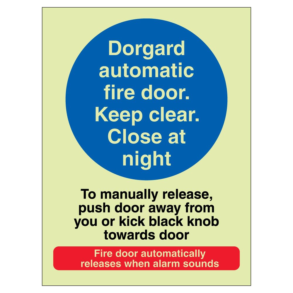 V Safety Photoluminescent Dorgard Automatic Fire Door - To Manually Release Push Door 150 x 200 mm - Glow In The Dark Self Adhesive Vinyl Safety Sign