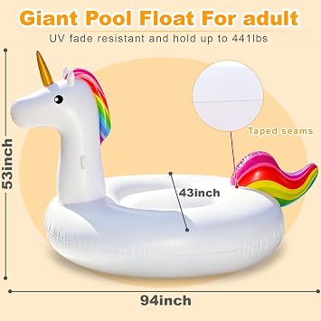 TURNMEON 94 Giant Unicorn Pool Float Inflatable Summer Beach Float Swimming Pool Party Toys Ride-on Lounge Raft Water Pool Floatie for 2-4 Multi Players Adults Lake Floats, Flamingo/Unicorn