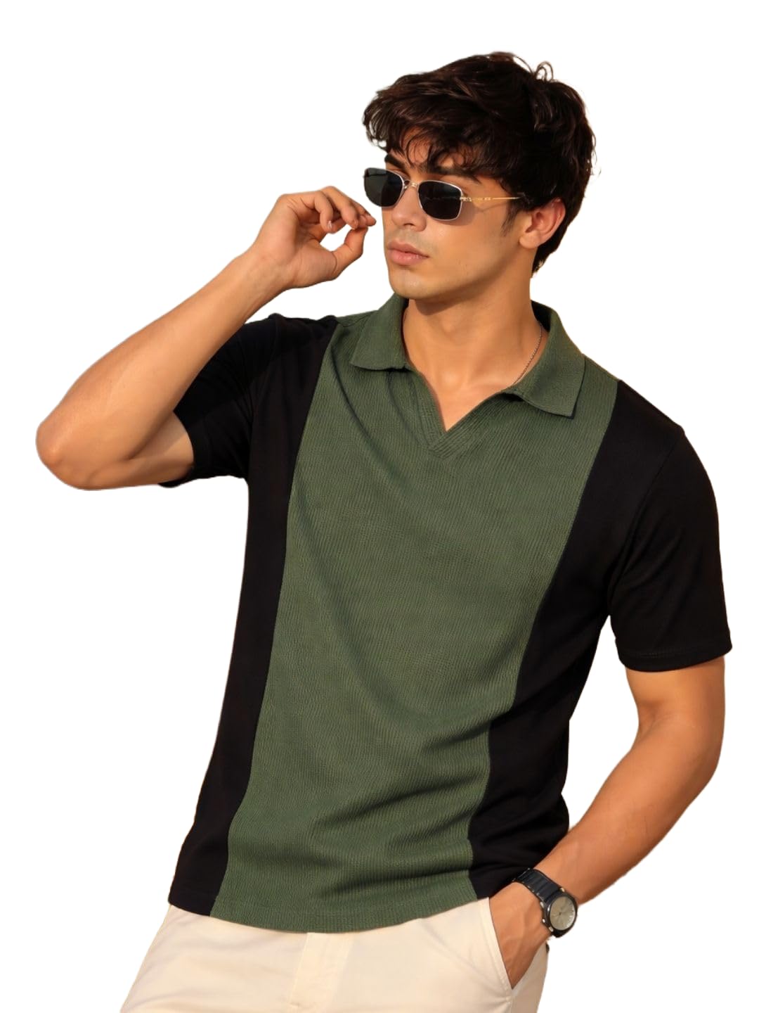 Men Contrast Textured Panel Polo T-Shirt-image-17