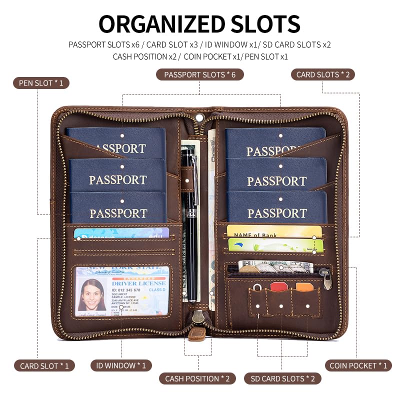Image of Passport Holder for Travel Family with Strap Genuine Leather RFID Blocking Travel Document Organizer Wallet with Pen Holder, Brown