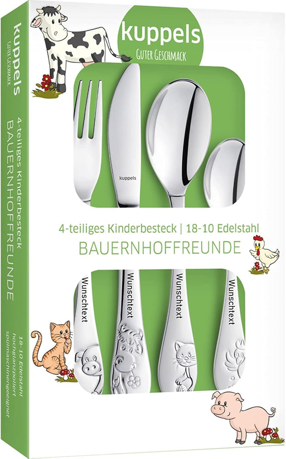 Schmalz Kuppels Kinderbesteck „Bauernhoffreunde“ mit Namensgravur – 4-teiliges Edelstahl-Besteckset für Jungen und Mädchen ab 3 Jahren, personalisiert (Bauernhoffreunde)