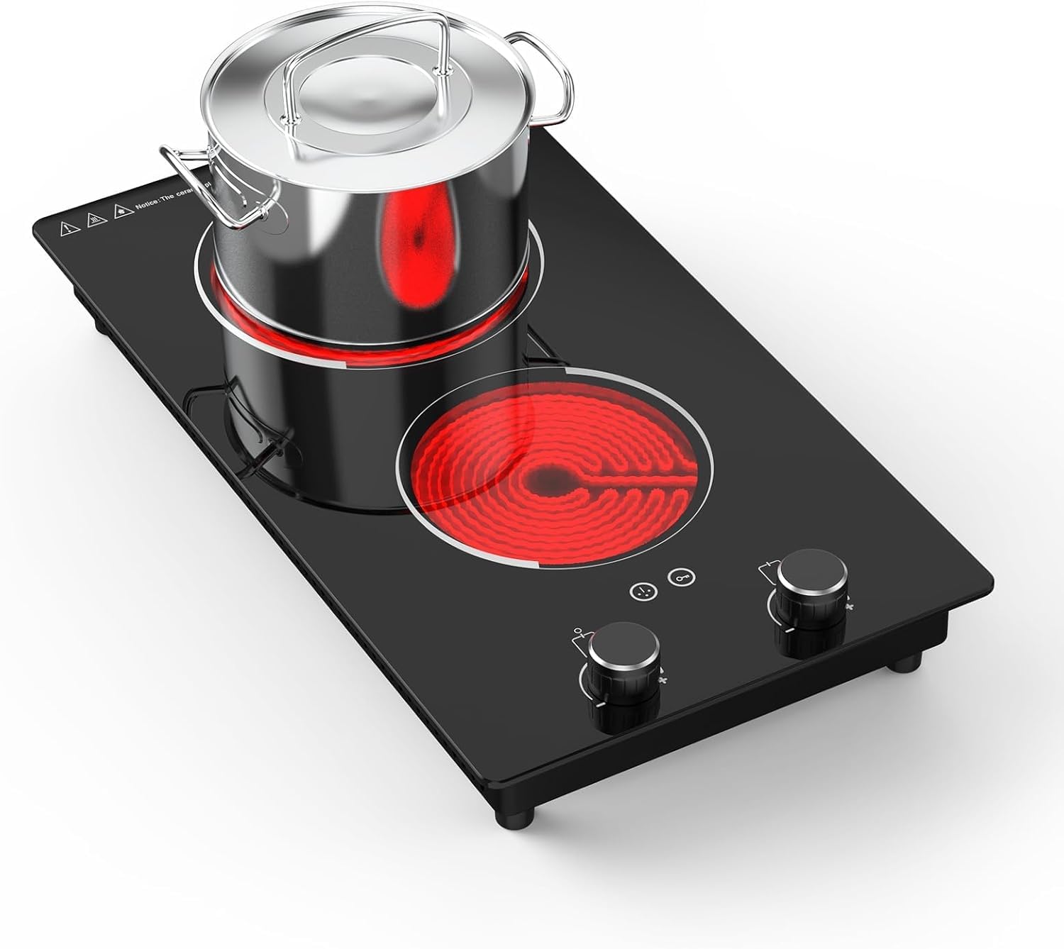 Plaque Vitrocéramique 2 Feux 3000W, Plaque de Cuisson Électrique Encastrable et Pose Libre 51cm, Compatible Tous Ustensiles, Réchaud avec Sécurité Enfant pour Appartement