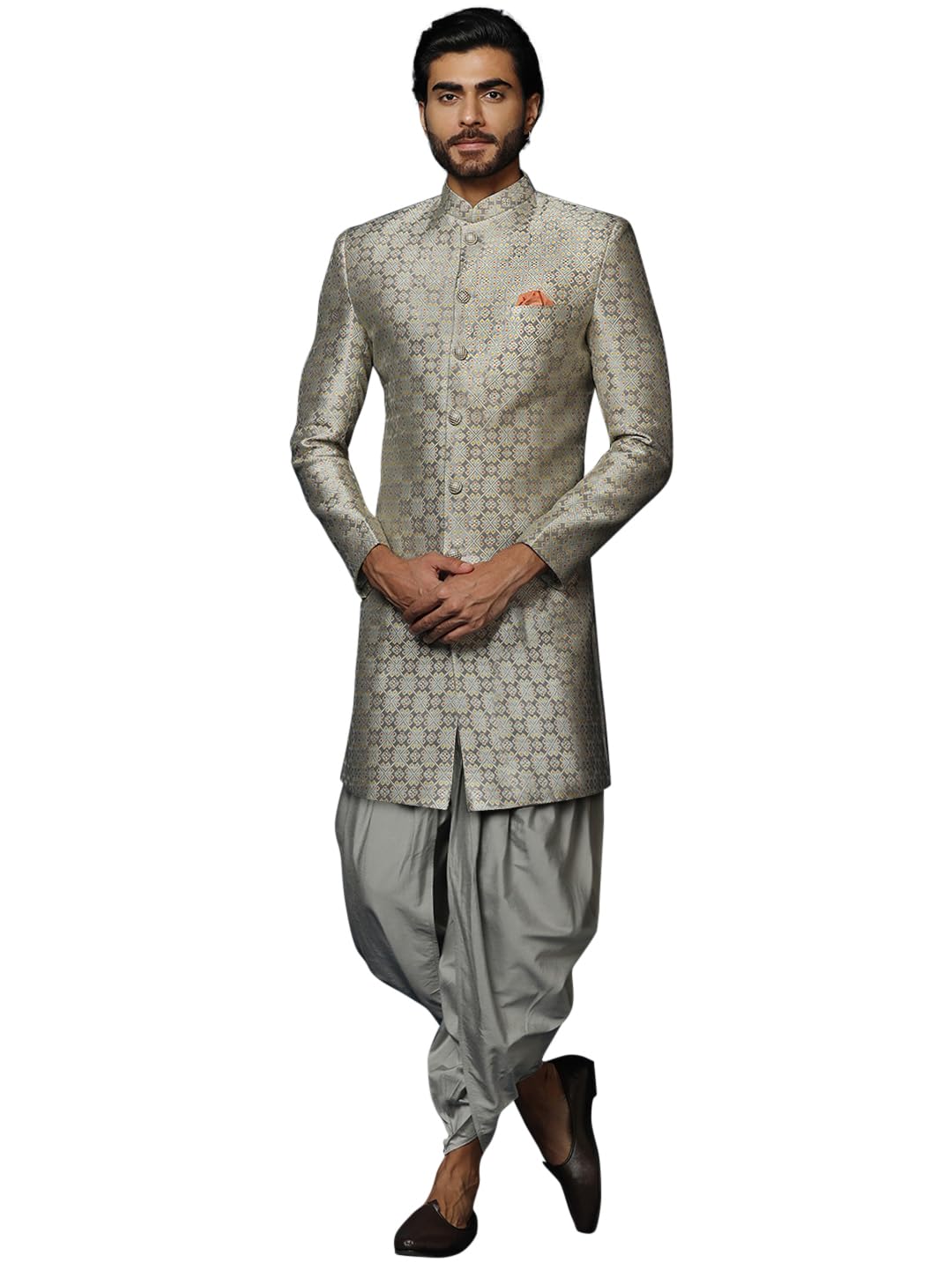 Mens Sherwani Dhoti Set Silk Blend Jacquard, Indo-Western Ethnic Wear for Men, Grey-image-39