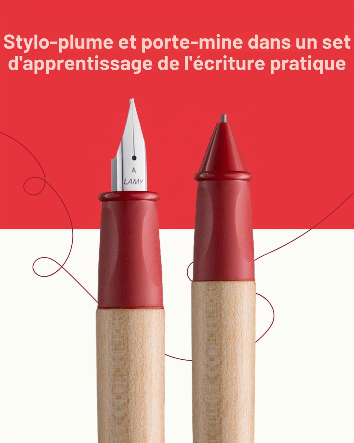 Lamy ABC Kit d'apprentissage d'écriture rouge avec emballage cadeau composé de 1 stylo d'apprentissage adapté aux enfants avec plume débutant et 1 crayon, poignée antidérapante, capuchon et cube en