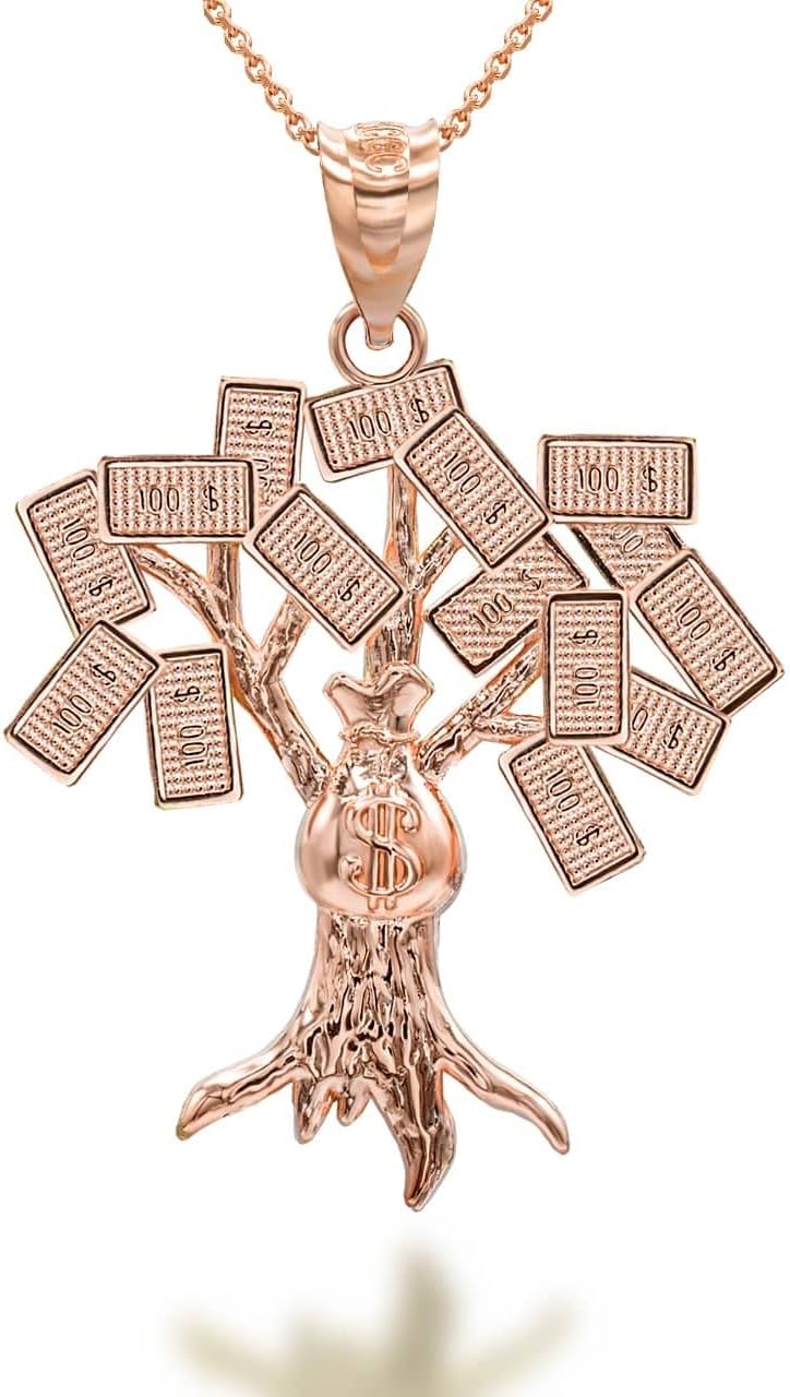 10K Yellow, White, or Rose Gold USD Dollar Money Bag Treasure Tree Pendant Necklace - Choice of Metal