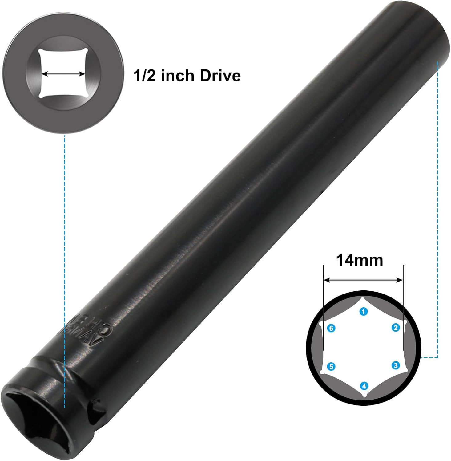 BokWin 1/2 Inch Drive by 14mm Deep Impact Socket Metric Size, 6 Inch Length Heat-Treated CR-V Steel Build, Black Finish, 1 Pack Suited for Automotive Repair and Mechanical Tasks