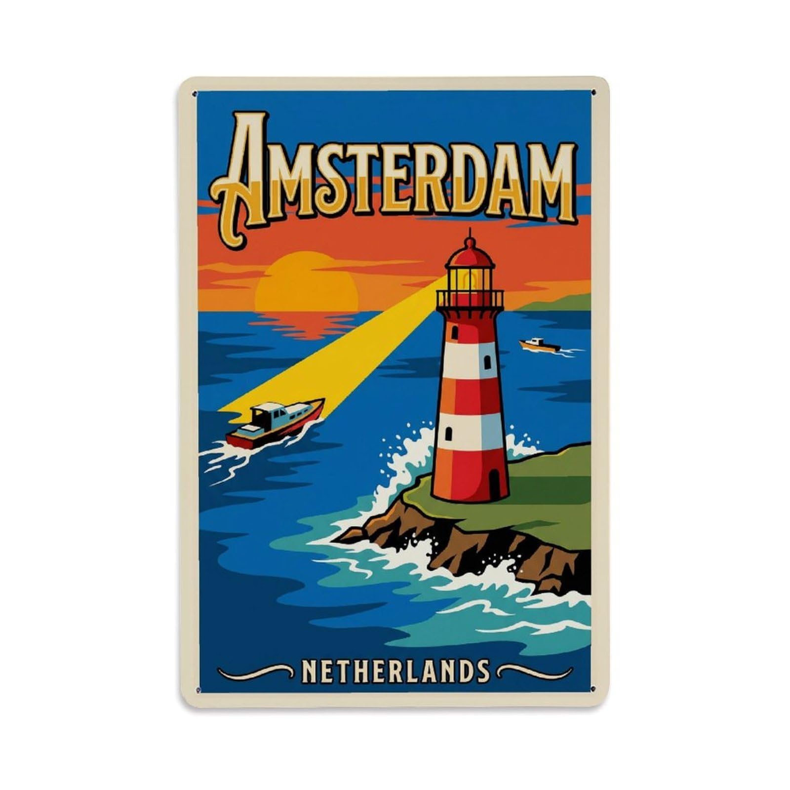 Okngb Style Canal Waterfront Vintage Amsterdam Tourism Quay Harbor Metal Tin Sign Plaque Wall Decor For Cafe, Man Cave, Club Bar, Office, Home Garden Round Metal Poster 8X12inch