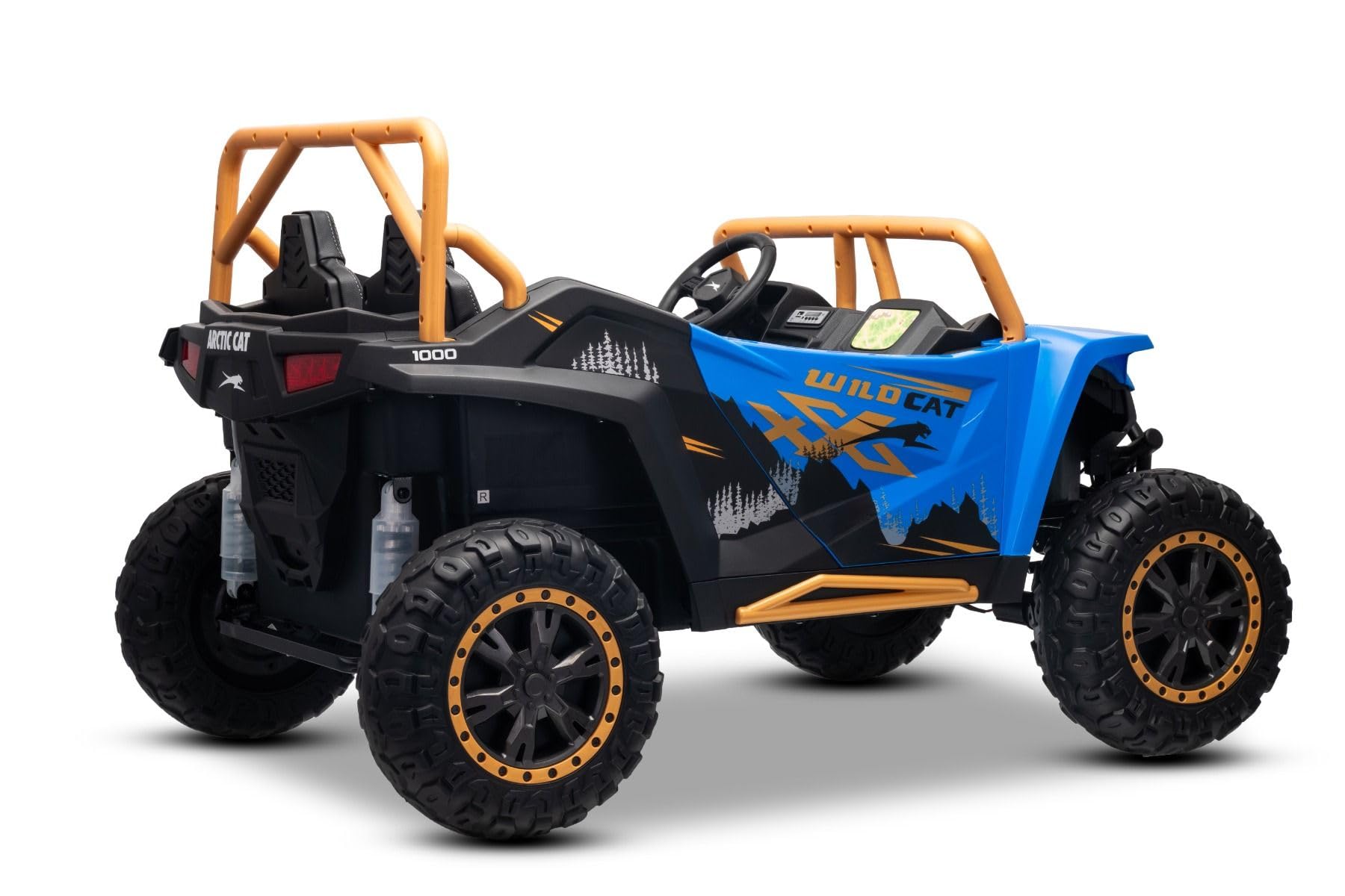 Buggy elettrico Artic CAT XXL 4x4 24V, blu, due posti, ruote in EVA morbida, motori potenti, batteria al litio, lettore MP3 con Bluetooth, sospensioni posteriori, sedili in ecopelle, con licenza