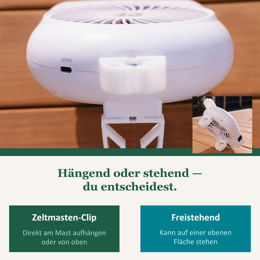 Lucca - Ventilador portátil USB silencioso para tienda de campaña, al aire libre, viajes y viajes, compatible con banco de energía