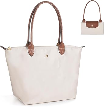 Nylon Tote Shoulder Bag for Women Lightweight Foldable Purse - Leather Top-Handle Handbags for Uni Students - School Weekend Travel