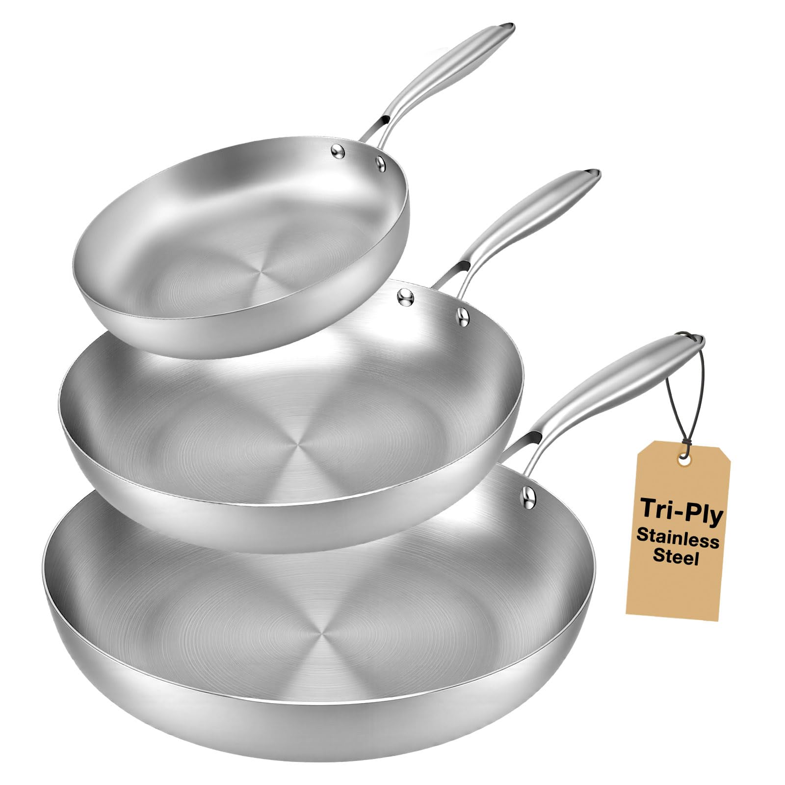VeftBltrem 3PCS Stainless Steel Non-Stick Frying Pan Set, Tri-Ply Construction Induction Compatible Cookware, Oven Safe to 600°F, Healthy Non-Toxic & Dishwasher Safe, 22.5/26.5/30.5cm