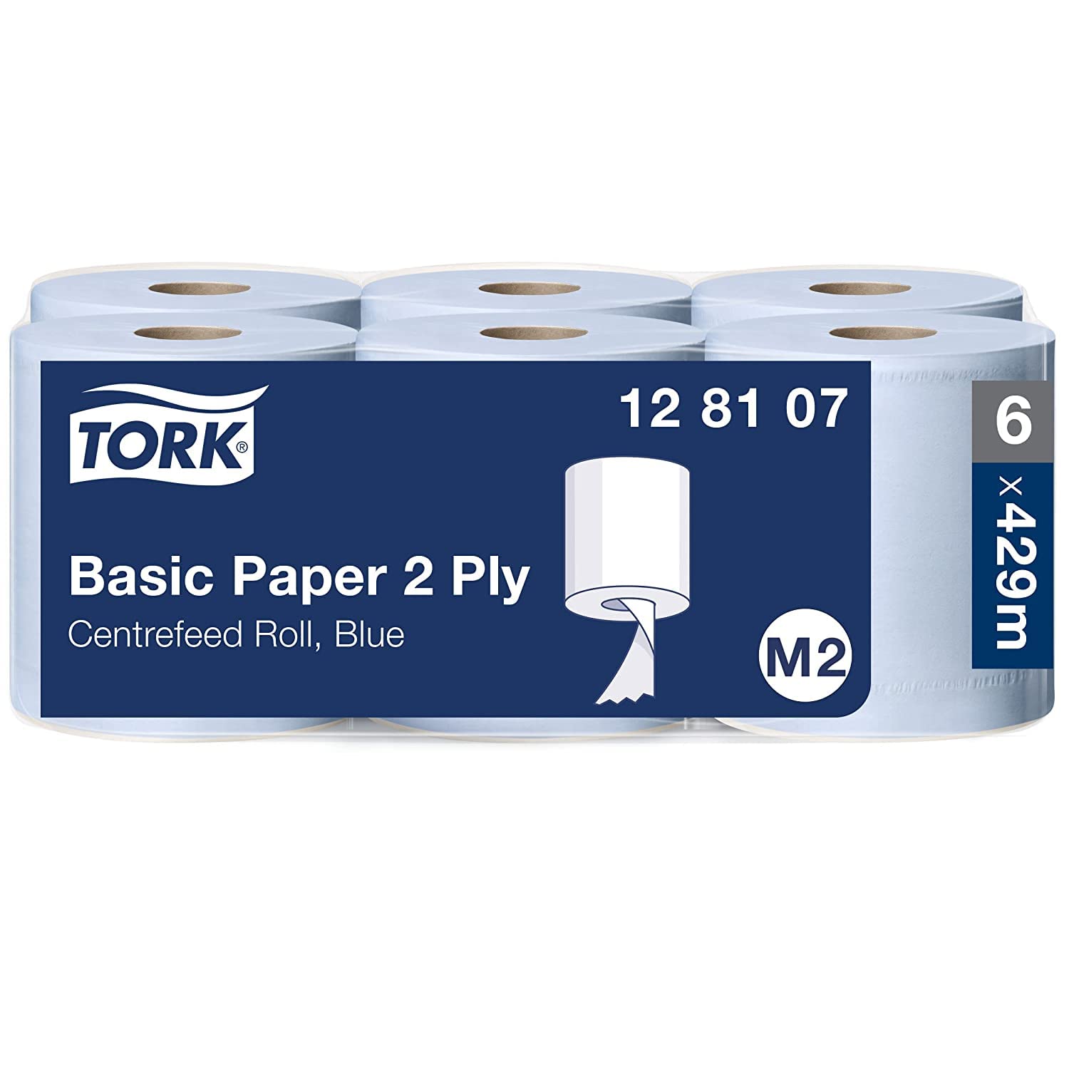 Tork Papier d'Essuyage Basic pour Distributeur à Dévidage Central bleu M2, Papier d'essuyage économique, 6 x 150 m, 128107