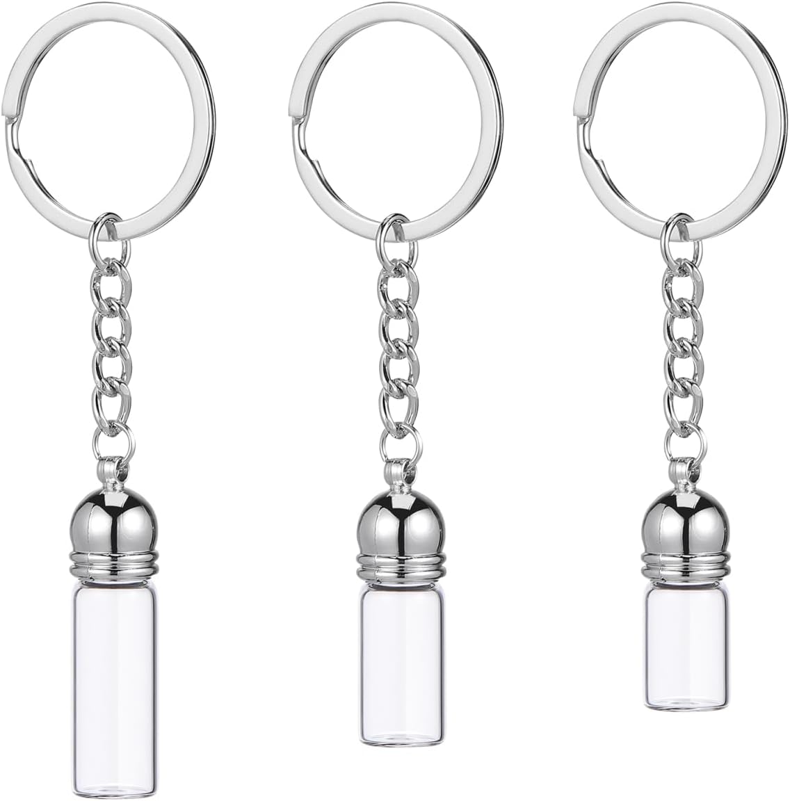 Ipetboom 3-Pack Mini Glass Bottle Keychains Refillable Travel Size Perfume Bottles with Metal Lids Essential Oil Vial Pendant Charm for Home Decor and Outdoor Use