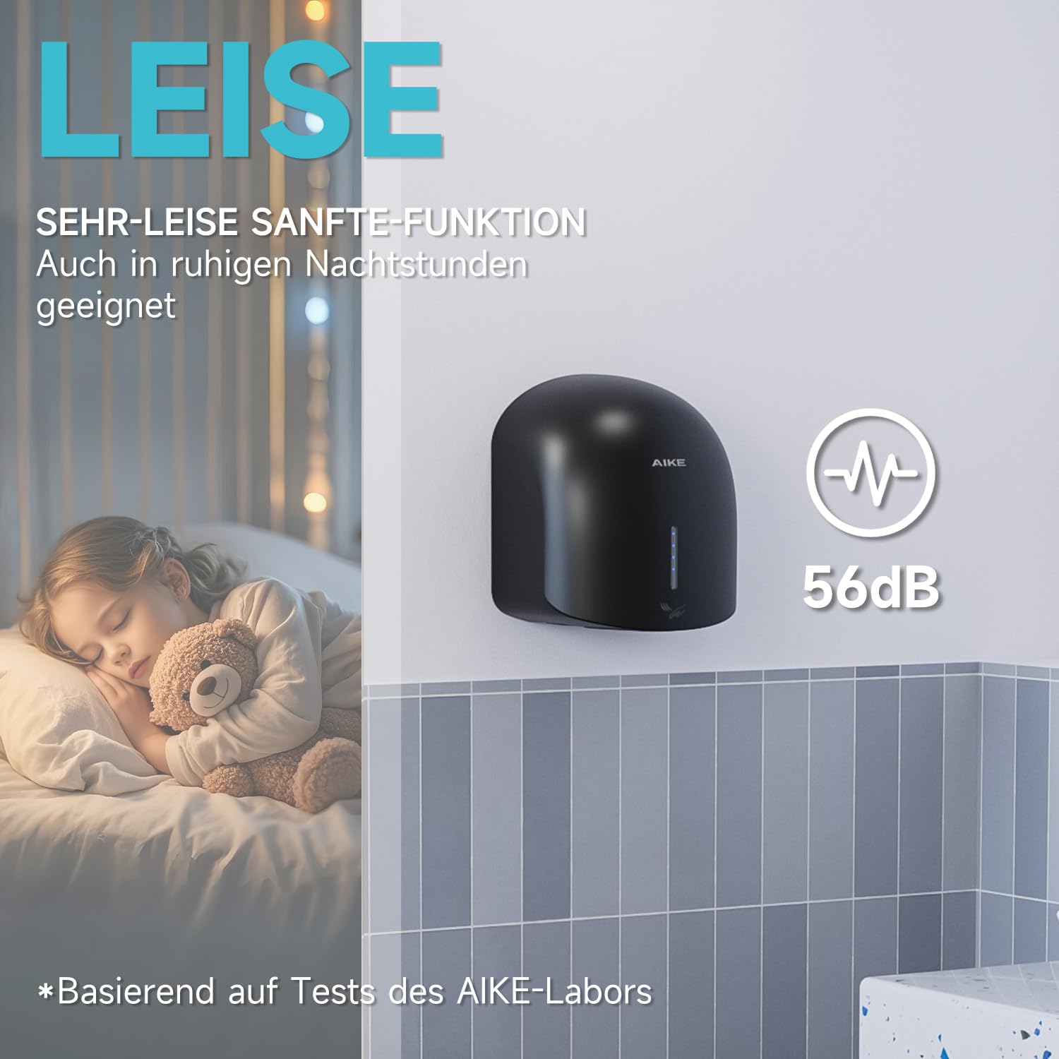 AIKE GentleAir Warmluft Handtrockner, Leise für Zuhause & Bäder, AC220V-240V, Mitternacht Schwarz