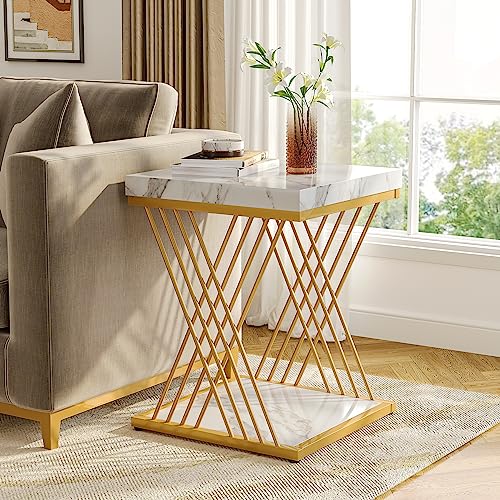 Tribesigns Square End Table White Gold 2-Tier Side Table Modern